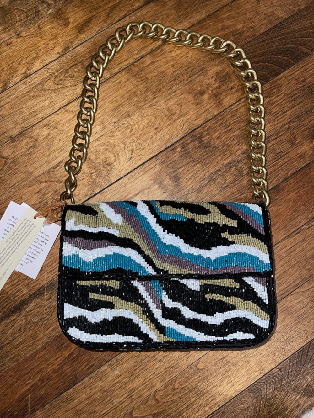 NWT Hand Beaded Purse with Chunky Gold Chain by From India